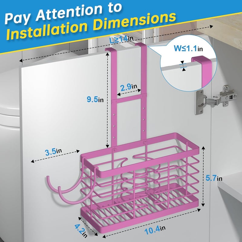 Sevenblue Hair Tool Organizer, 3-in-1 Universal Hair Dryer Holder, Adjustable Height Metal Blow Dryer Holder Wall Mounted/Over Cabinet Door/Free-Standing (Pink) - Image 2